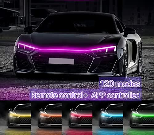 APP-Controlled RGB Dynamic LED Car Hood Light Strip, 1 Count Dynamic Scan Start Up Light Strip with Instruction & Remote Controller, Waterproof Flexible Car Decorative Lights