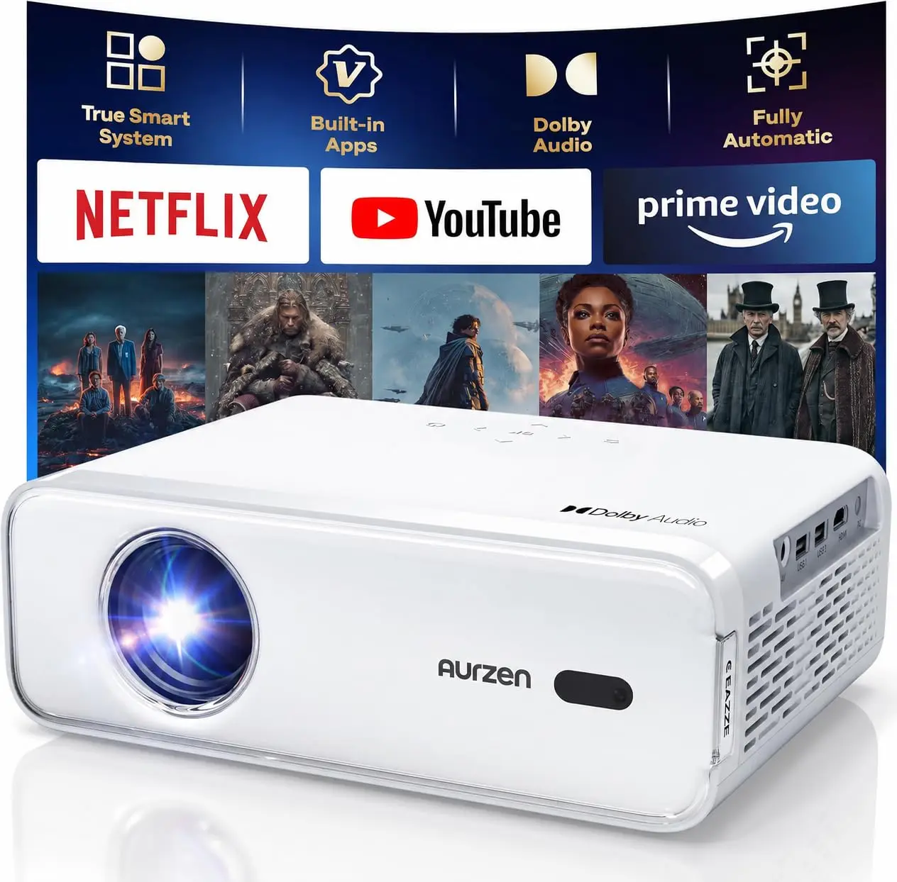 Aurzen EAZZE D1 Smart Projector - 200 Lumens, Native 1080P, WiFi, Bluetooth, Built-in APP, Auto Focus/Keystone, Dolby Audio 16W Speakers, HDR10, Portable Mini Outdoor/Home Use Projector for Bedroom, Multi-Mounts, Remote Ctrl