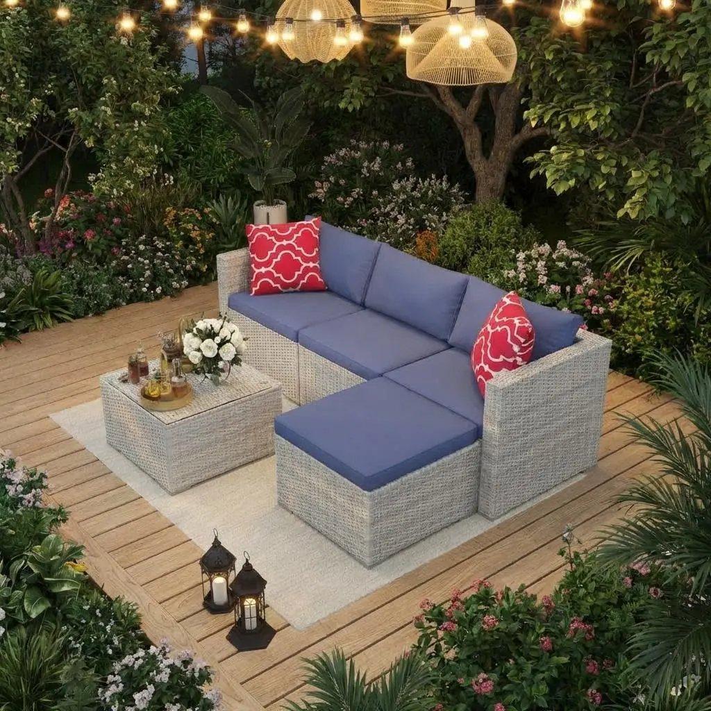 5-Piece Outdoor Sectional Sofa Set, All-Weather PE Rattan Patio Furniture with Ottoman & Tempered Glass Table, Convertible Garden Couch for Backyard, Porch, Poolside (Brown/Wine Red)