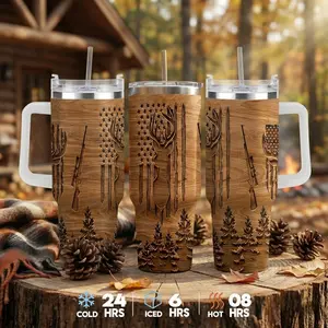 Hunting Deer American Flag Car Cup (40oz/30oz/20oz) Rustic Wood Grain Engraved Pattern  Stainless Steel Double Wall Insulated  Durable Leak Proof Handle  Ideal for Outdoor Adventure  Camping  Hiking  Travel  Gift for Hunters