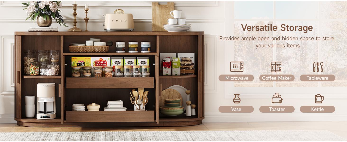 【SPRING GLOW UP】ONBRILL 63" Sideboard Buffet Cabinet with Storage, Modern Fluted Accent Credenza with Sliding Doors, Drawers and Adjustable Shelves, Wood Coffee Bar Console Table for Kitchen, Living Room, Enrtyway