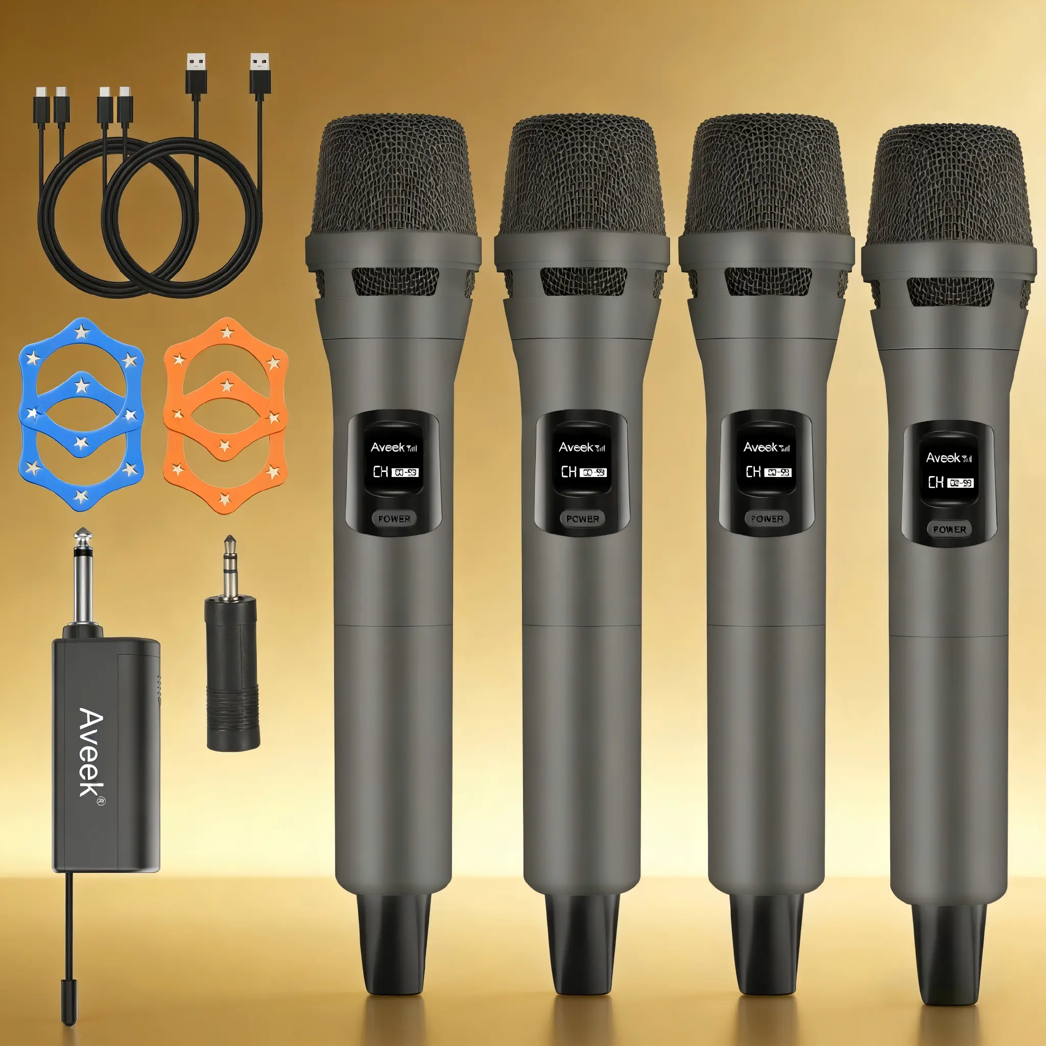 Aveek 4-Pack Wireless Microphone System with Receiver - Rechargeable, 10+ Hours Battery, Noise Cancellation, Plug & Play Karaoke Mic Set for Parties, Classrooms, Compatible with Speakers, Amplifiers, Father's Day Gift