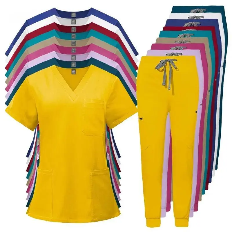 Scrubs Uniform Suit Short Sleeve V-Neck Tops & Jogger Pants Set Multicolor Women's Casual Nursing Uniform for Comfort and Work - Fitted scrubs women Adjustable Waist Overalls Workuniform