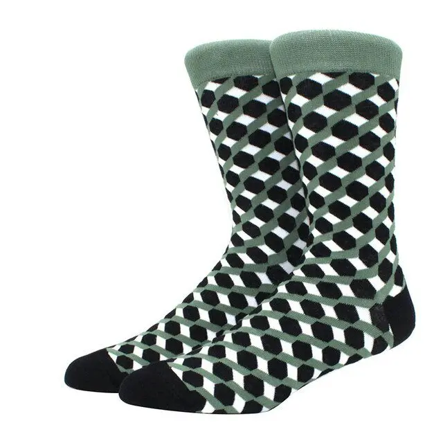 Olive Green, Black and White 3D Cubed Patterned Socks (Adult Large)