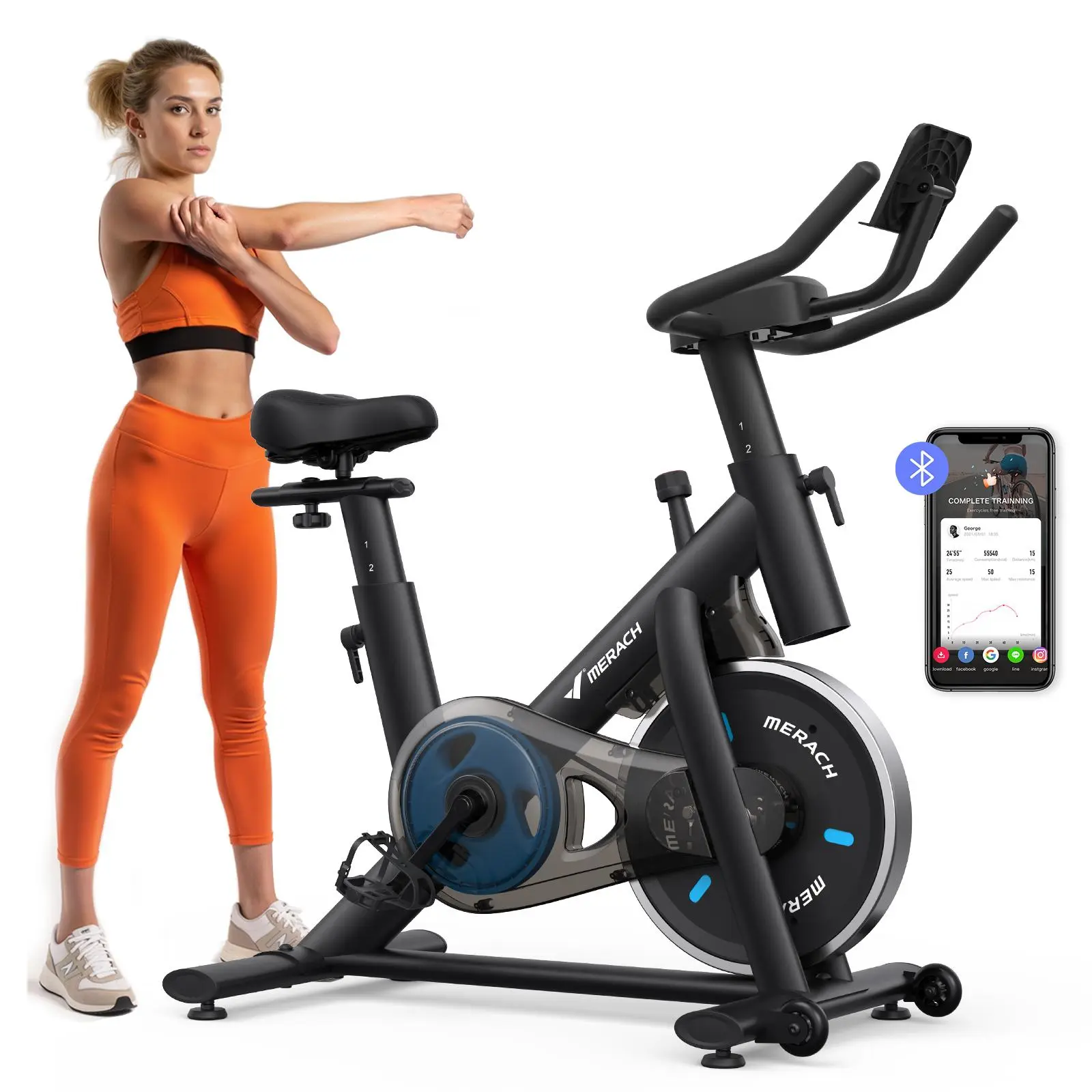 Merach Exercise Bike with New RPM Game Mode for Home Stationary Bike Enhanced Electronic with Holder Silent Belt Drive and Comfortable Seat Cushion for Cardio Workout Exclusive App ,Tablet Mount and Fitness Courses BackToSchool