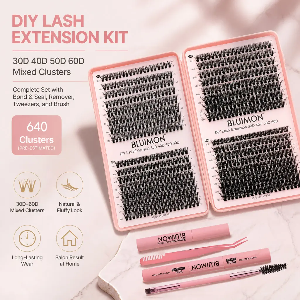 DIY Lash Extension Kit – 640Pcs Cluster Lashes with Bond & Seal + Remover + Tweezer + Curler, Complete Set for Beginner