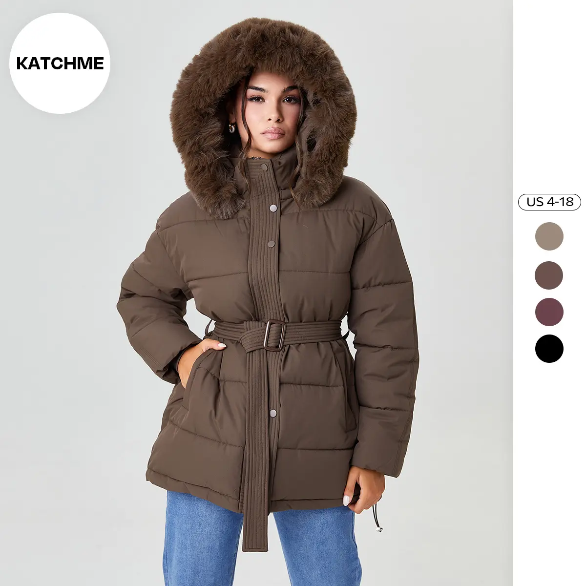 Katch Me Chic (US/CN)Women's Chic Solid Color Fluffy Hooded Zip-Up Belt Decor Cotton Coat, Cozy Outerwear Jacket for Fall & Winter, Classy Long Sleeve Womenswear