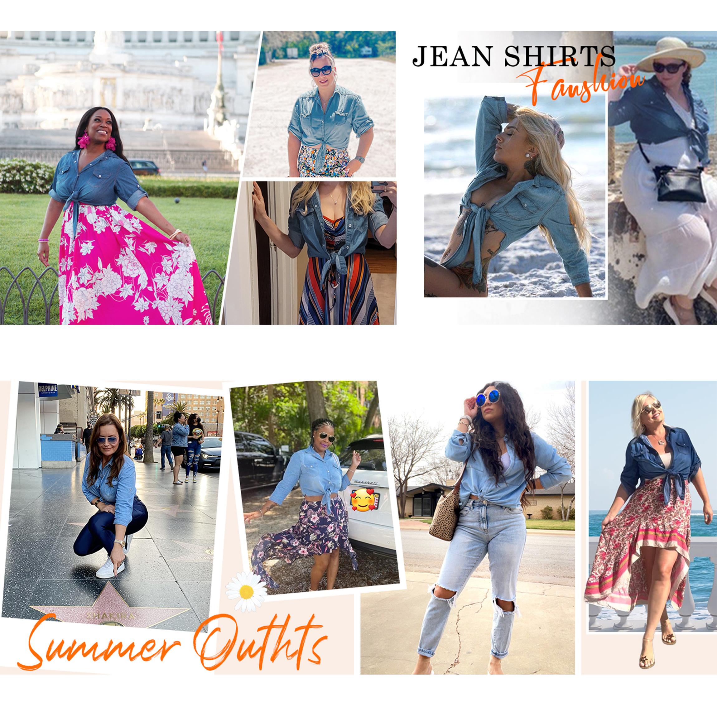 Buenoble Women’s Denim Button-Down Shirt 3/4 Sleeve Cropped Tie Waist Western Shirt Casual Trendy Fashion Top SpringStatements