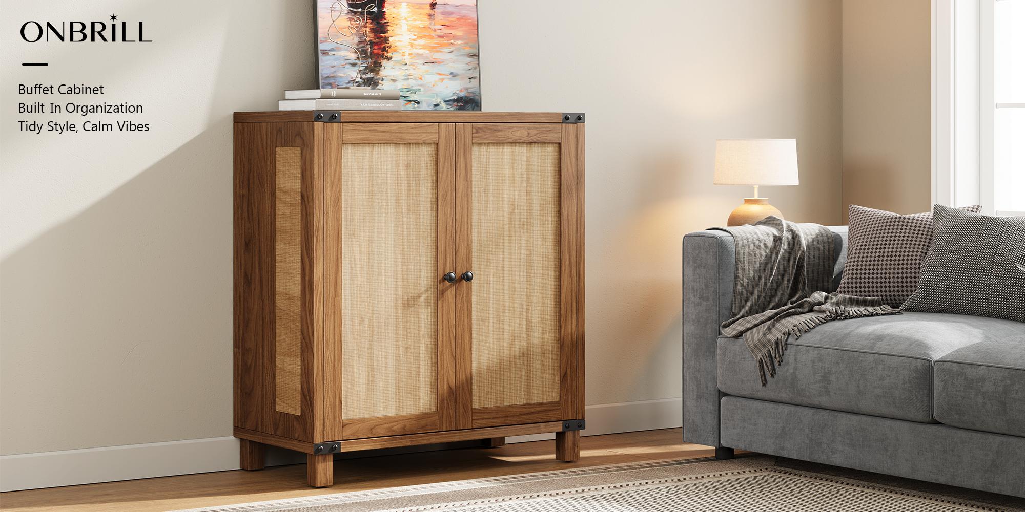 【Valentine's Day gift】ONBRILL 31.5" Sideboard Buffet Cabinet with Storage, Rattan Style Credenza with 2 Soft-Close Doors & Adjustable Shelves, Accent Cabinet for Living Room, Hallway, Kitchen