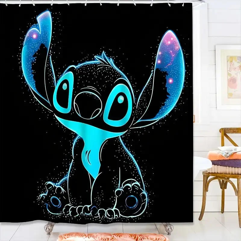 Disney Classic Glow-in-the-Dark Stitch Decorative Shower Curtain, Soft Polyester Bath Decor with Water-Repel Front, Durable for Daily Showers, 12 Hooks