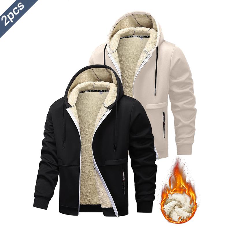 2PCS - Autumn And Winter Men's Simple Solid Color Hoodie, Drawstring Hooded Cardigan Coat, Men's Winter Clothing, Autumn And Winter Sports Outdoor Wear