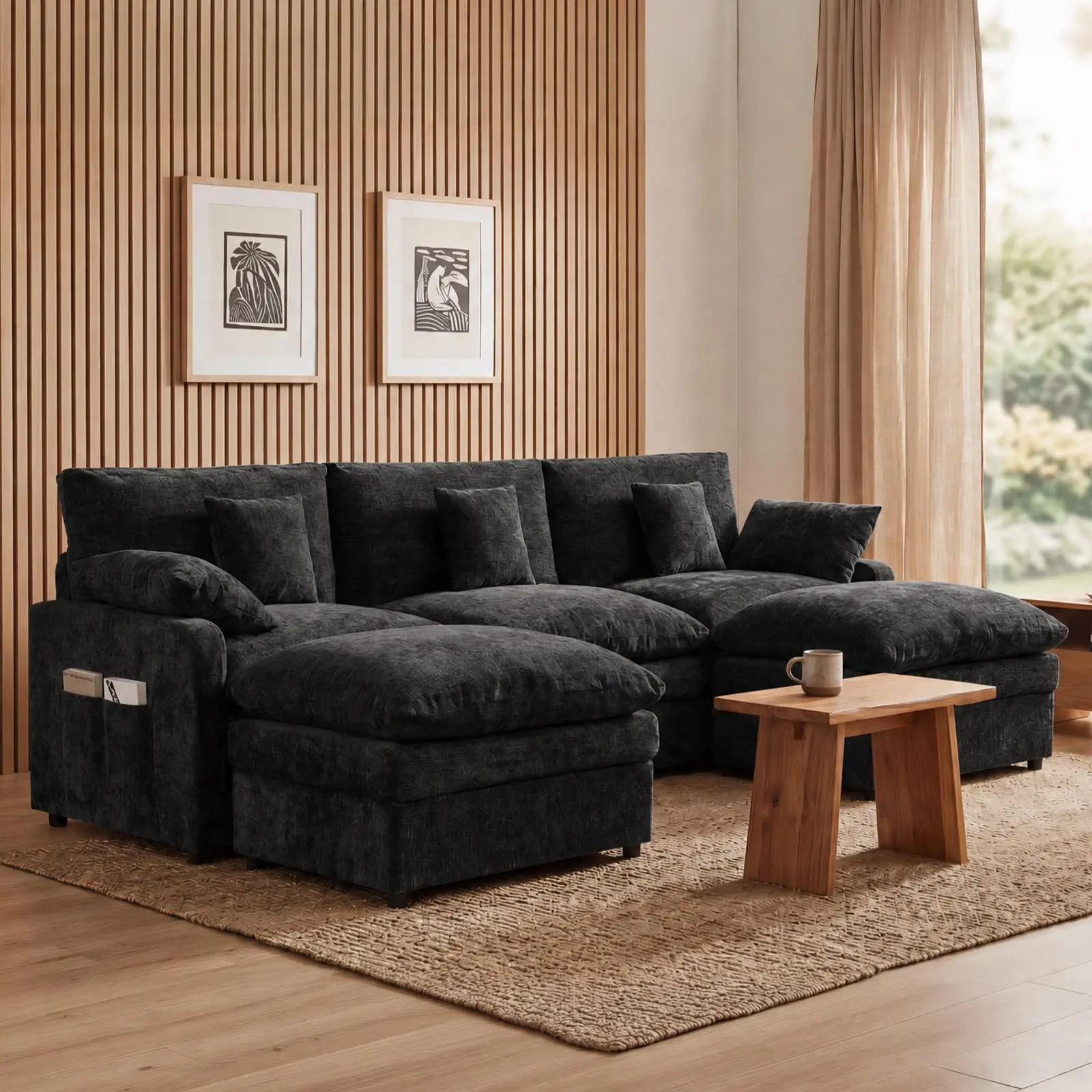 GARVEE 107.8" Modular Sectional Sofa with U-Shaped Chenille Cloud Couch Design, Movable Ottoman, and Comfy Throw Pillows, Perfect for Living Rooms, Bedrooms, and Apartment Spaces