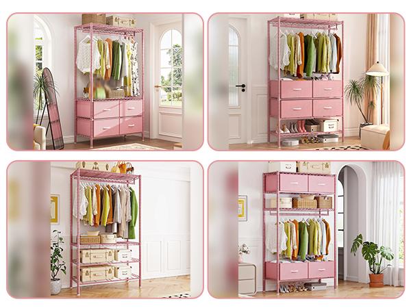 Raybee 3 in 1 Clothes Rack with 4 Drawers, 445LBS Heavy Duty Clothing Rack Closet Rack, Garment Racks for Hanging Clothes Heavy Duty Clothes Rack DIY Portable Adjustable Storage Rack for Apartment, Bedroom, Laundry Room