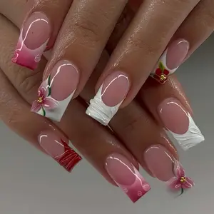 Hand Painted Floral French Press On Nails: 3D Acrylic Square Nails