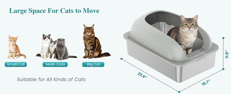 Stainless Steel Cat Litter Box with Lid, Large Cat Litter Box for Big Cats, High Wall Sides, Anti-Urine Leakage, Easy Cleaning, Scoop and Mat Included