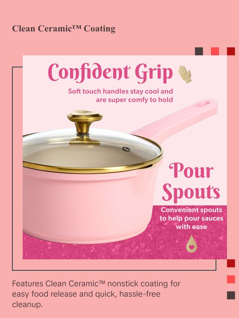 Paris Hilton Clean Ceramic™ Nonstick Cookware Set 10-Piece Cast Aluminum with Heart Knobs Soft Pink Finish Dishwasher Safe