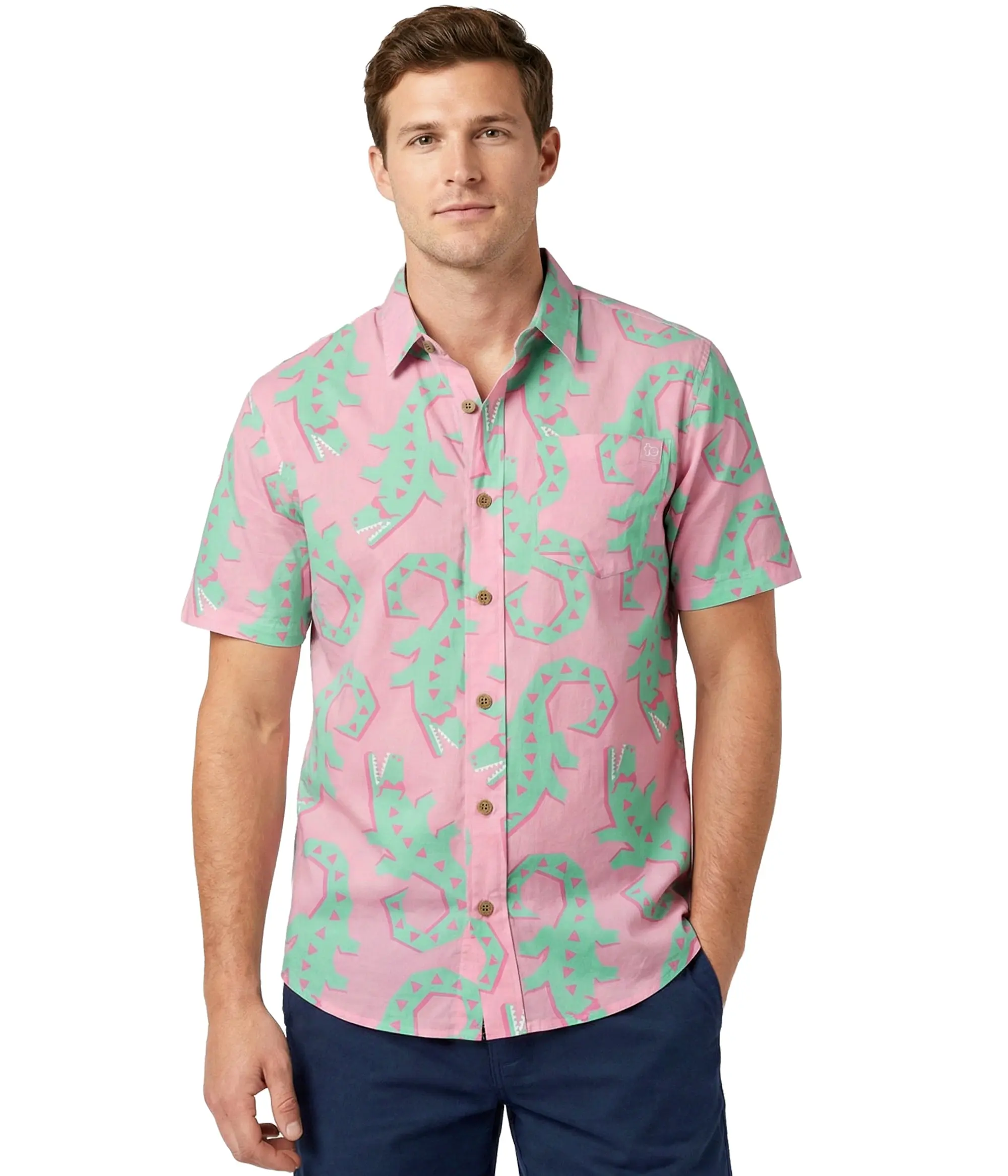 Men's Casual Printed Button Up Shirt, Short Sleeve Novelty Top with a Fun Gator Print for Summer Parties, Menswear, Shortsleeve, Party Ready, Playful Look