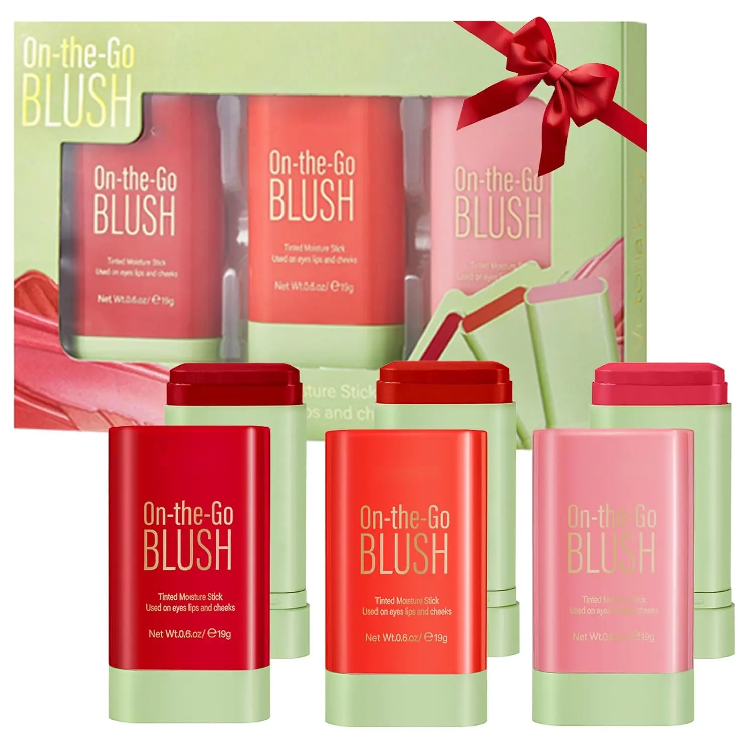 3Pcs 3-in-1 Multi-Use Makeup Stick Tinted Moisturizer Blush for Cheeks, Lips & Eyes Waterproof, Long-Lasting Natural Nude Look (Pink+Hot Red+Coral Orange)