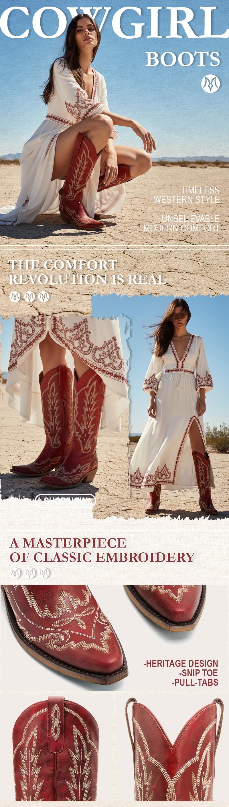 REDTOP The Rosemary Burgundy Classic Tall Cowgirl Boots with Floral Embroidery Western Design Comfortable Heel Soft Fit for Women Snip Toe Side Zipper Breathable Mesh Lining