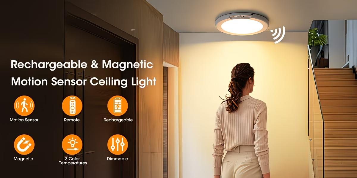 Rechargeable sensor ceiling light with remote control - magnetic wireless ceiling light, battery powered, no wiring required, suitable for various scenarios such as wardrobes, shower rooms, stairs, storage rooms, hallways, porches, and terraces.