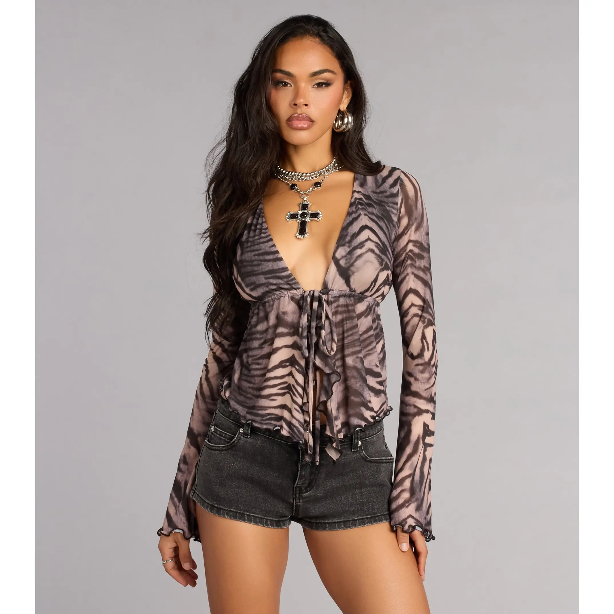 Wild Confidence Zebra Print Mesh Tie-Front Top