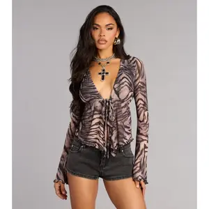 Wild Confidence Zebra Print Mesh Tie-Front Top