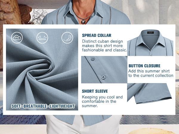 COOFANDY Men's Cuban Guayabera Shirt Short Sleeve V-Neck Button Down Casual Summer Beach Linen Top Fitted Breathable Soft Fabric