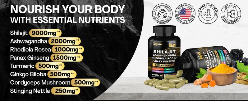 Zoyava Shilajit Supplement - All-in-One Multivitamin Energy Booster - with Ashwagandha, Rhodiola Rosea & 7+ Extra Strength Herbal Ingredients - 60 Capsules - MADE IN USA