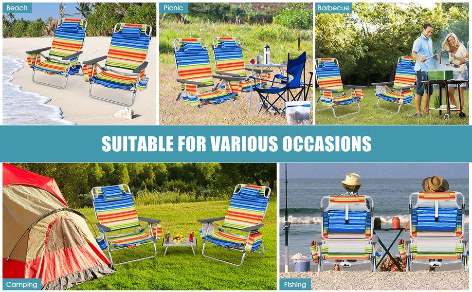 COSTWAY 2 Packs Beach Chair, Folding Backpack Beach Chairs for Adults with 5 Positions, Head Pillow, Cooler Bag, Towel Bar, Cup Holders, Sunbath Sling Tanning Lounge, Foldable Layout Camping Chairs-Deals for You Days