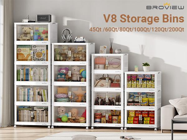 Broview 360Qt Large Storage Bins with Lid, 90Gal Stackable Closet Organizer and Storage Drawer, Collapsible Storage Box with Wheels, Plastic Clothes Storage Cabinet Containers for Home Organization, Black/White