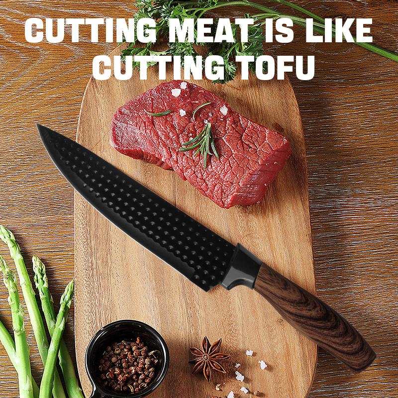 9-Piece Kitchen Knife Set - Black Chef Knife Set with Sharp Blades, Non-Stick Stainless Steel Cooking Knives Set, Ergonomic Wood Grain Handle, Aesthetic Kitchen Knives,Meat Knife Block