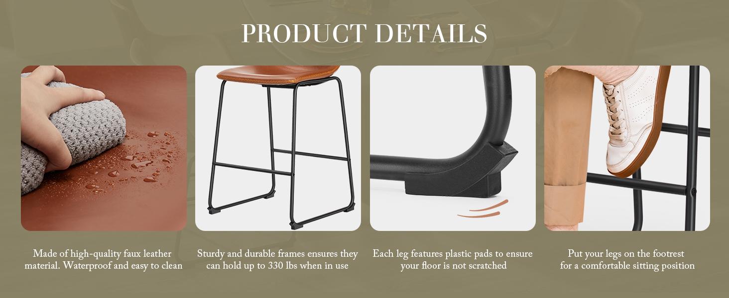 Counter Height Bar Stools, 26 inch Dining Chairs with Metal Legs and Footrest, Modern Faux Leather Barstools for Kitchen Island