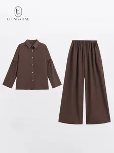 Elengatine Women’s Black Two-Piece Outfit Set – Relaxed Shirt-Style Top with V-Neck & Long Sleeves, High-Waisted Flowy Wide-Leg Pants, Effortless Chic Matching Look, Perfect for Work, Brunch & Everyday Wear