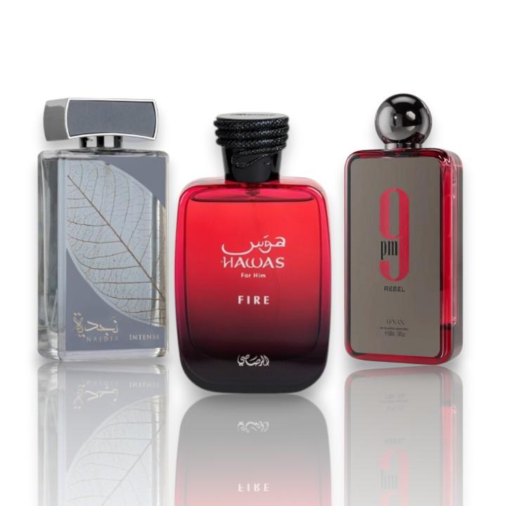 Lattafa - Afnan - Rasasi Perfumes | Najdia Intense + Hawas Fire + 9 pm Rebel | 3 - Piece Fragrance Set | Eau De Parfum | 100 ML Per Bottle Lattafa - Afnan - Rasasi Perfumes | Najdia Intense + Hawas Fire + 9 pm Rebel | 3 - Piece Fragrance Set | Eau De Parfum | 100 ML Per Bottle