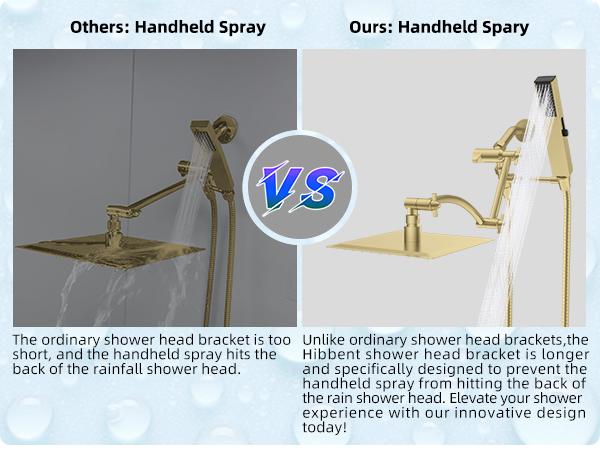 Hibbent All Metal 10'' Rainfall Shower Head, Shower Head Combo, High Pressure Handheld Shower Wand, 4 Sprays, 16'' Adjustable Arc-shaped Extension Arm, 71'' Hose, Showerhead Holder, Brushed Gold
