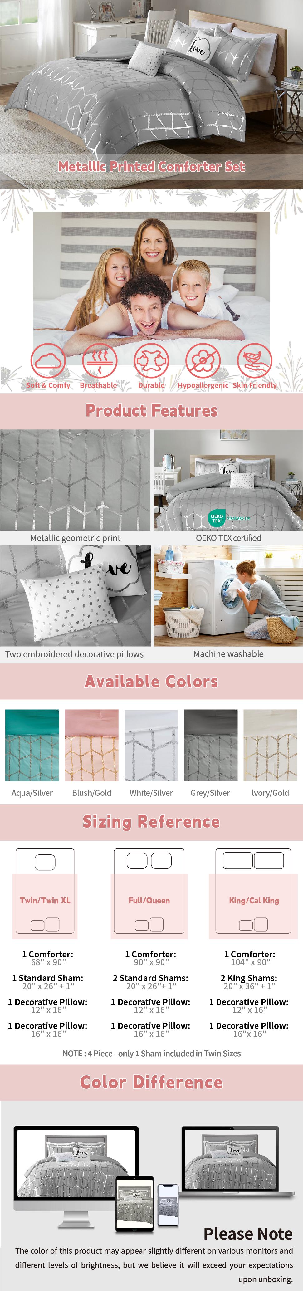 Comforter Set with Soft Microfiber Comforter, Sham & Decorative Pillows, 2 Standard Shams & 1 Oblong & 1 Square Decorative Pillow, Silver Metallic Print