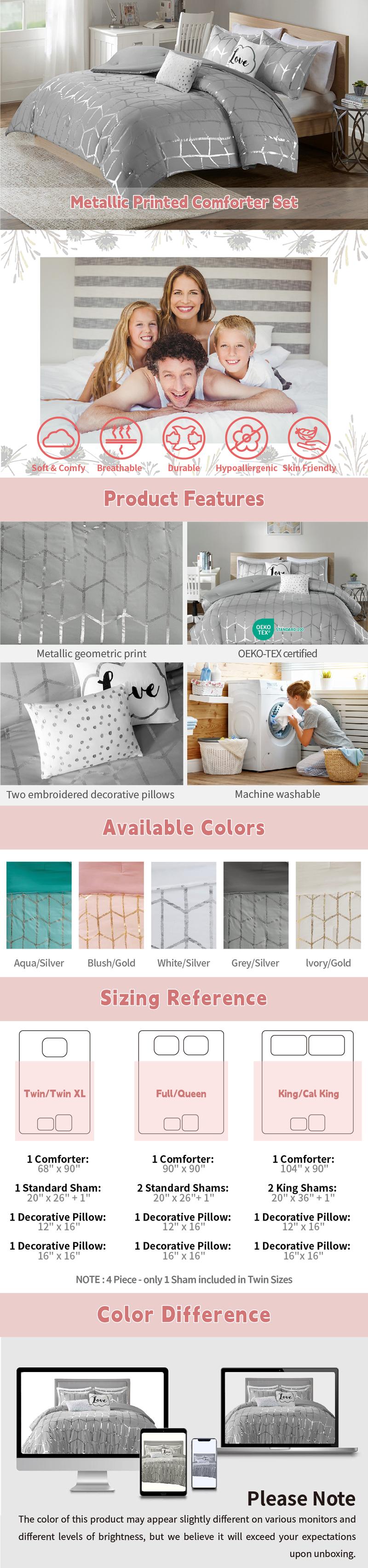 Comforter Set with Soft Microfiber Comforter, Sham & Decorative Pillows, 2 Standard Shams & 1 Oblong & 1 Square Decorative Pillow, Silver Metallic Print Comforter Set with Soft Microfiber Comforter, Sham & Decorative Pillows, 2 Standard Shams & 1 Oblong & 1 Square Decorative Pillow, Silver Metallic Print