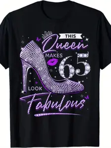 Women'S 65th Birthday T-Shirt - "This Queen Makes 65 Looks Fabulous" Sparkling Rhinestone-Style Number 65 & High-Heel Graphic - 100% Soft Breathable Retro Party Outfit - Funny Milestone Gift Idea for 65 Year Old Women - Comfortable Crew Neck Short S