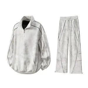 Men’s spring/autumn half-zip stand-collar sweatshirt paired with casual tie-dye sweatpants; teen casual long-sleeve top and jogger pants athletic set; half-zip sweatshirt; jogger pants; complete set.