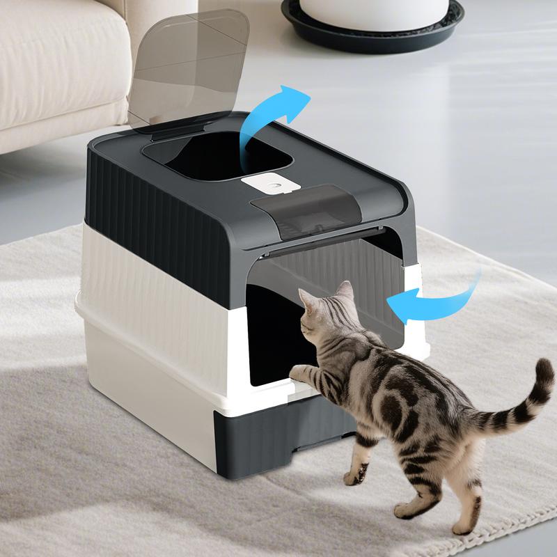 An extra-large, fully enclosed cat litter box featuring a pull-out drawer for easy cleaning, built-in UV light sterilization, and a design that effectively contains litter scatter.