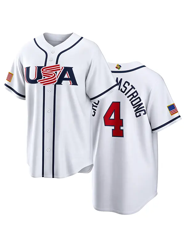 Men's USA #4 Crow-Armstrong White fully embroidered, stitched button-down sports jersey, USA World Baseball Classic flag fan jersey, athletic tops apparel jersey