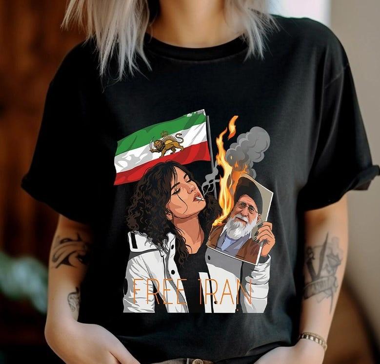 T-shirts bearing anti-Iran symbols, T-shirts by Persian DIY activists featuring lions and sun flags. Top
