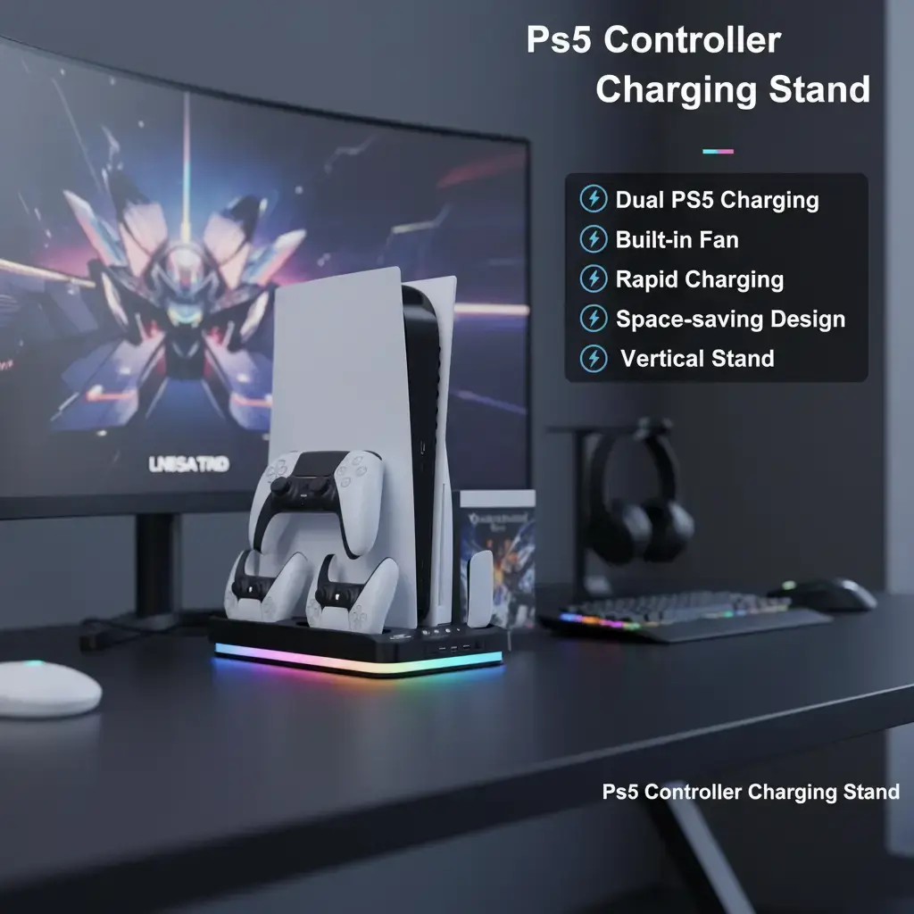 Dual PS5 Controller Charger - Console Accessories with Built-in Cooling Fan, Fast Charging, Space-Saving Vertical Design for Wireless Game Controllers (Wearable-Compatible for PS5 Gamers)