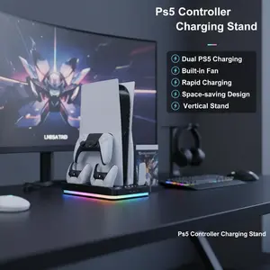 Dual PS5 Controller Charging & Cooling Stand with Built-in Fan for PS5 Gamers Convenient Rapid Charging Space-Saving Vertical Design Console Accessories