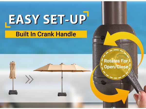 HOOOWOOO 15FT Solar LED Patio Umbrella with Base & Crank - Outdoor Market Umbrella for Garden, Deck, Backyard, Pool, Beach - Durable Water-Resistant Fabric, Adjustable Lighted Umbrella