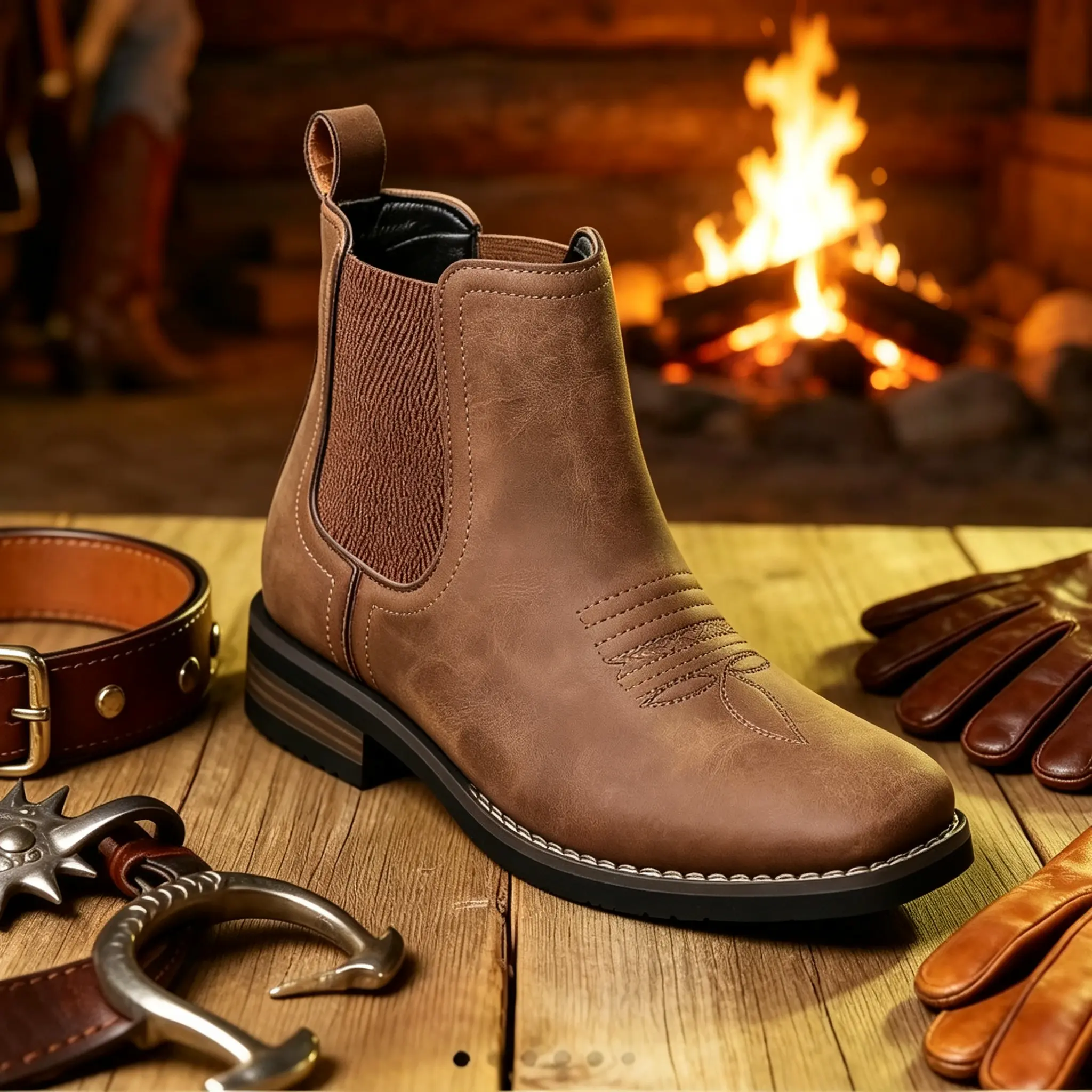 Men's Embroidered Square-Toe Western Boots - Lace-Up with Laces, Cuban Heel, Synthetic, Breathable, Comfortable, Versatile for Office, Hiking, Rodeo Outfit Inspo, Western Elegance, Cowboy Aesthetic Footwear