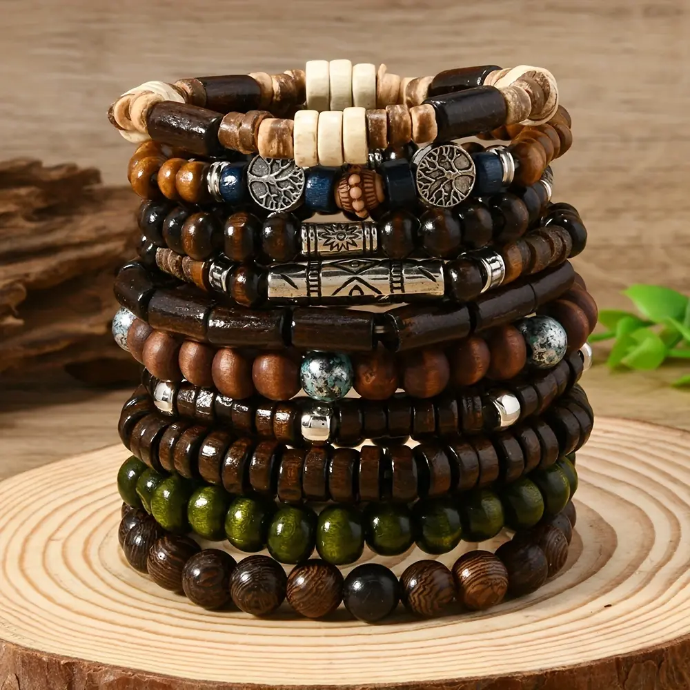 10Pcs/Set Random Men's And Women's Bohemian Style Fashion Wooden Beaded Bracelet, Couple Bracelet Combination Hand String Gift Handmade Beaded Chain Set
