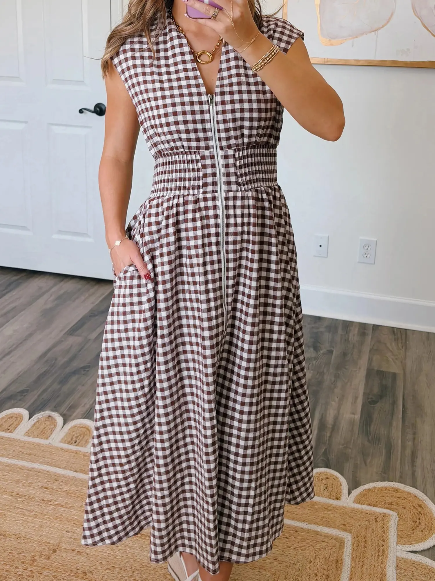 Plaid Print Full Zipper Cinched Waist Fit Flare Sleeveless Maxi Dress, Full Zipper Front Offers Easy Wear With A Clean, Modern Finish.