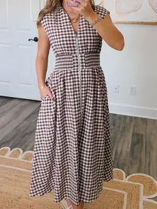 Plaid Print Full Zipper Cinched Waist Fit Flare Sleeveless Maxi Dress, Full Zipper Front Offers Easy Wear With A Clean, Modern Finish.