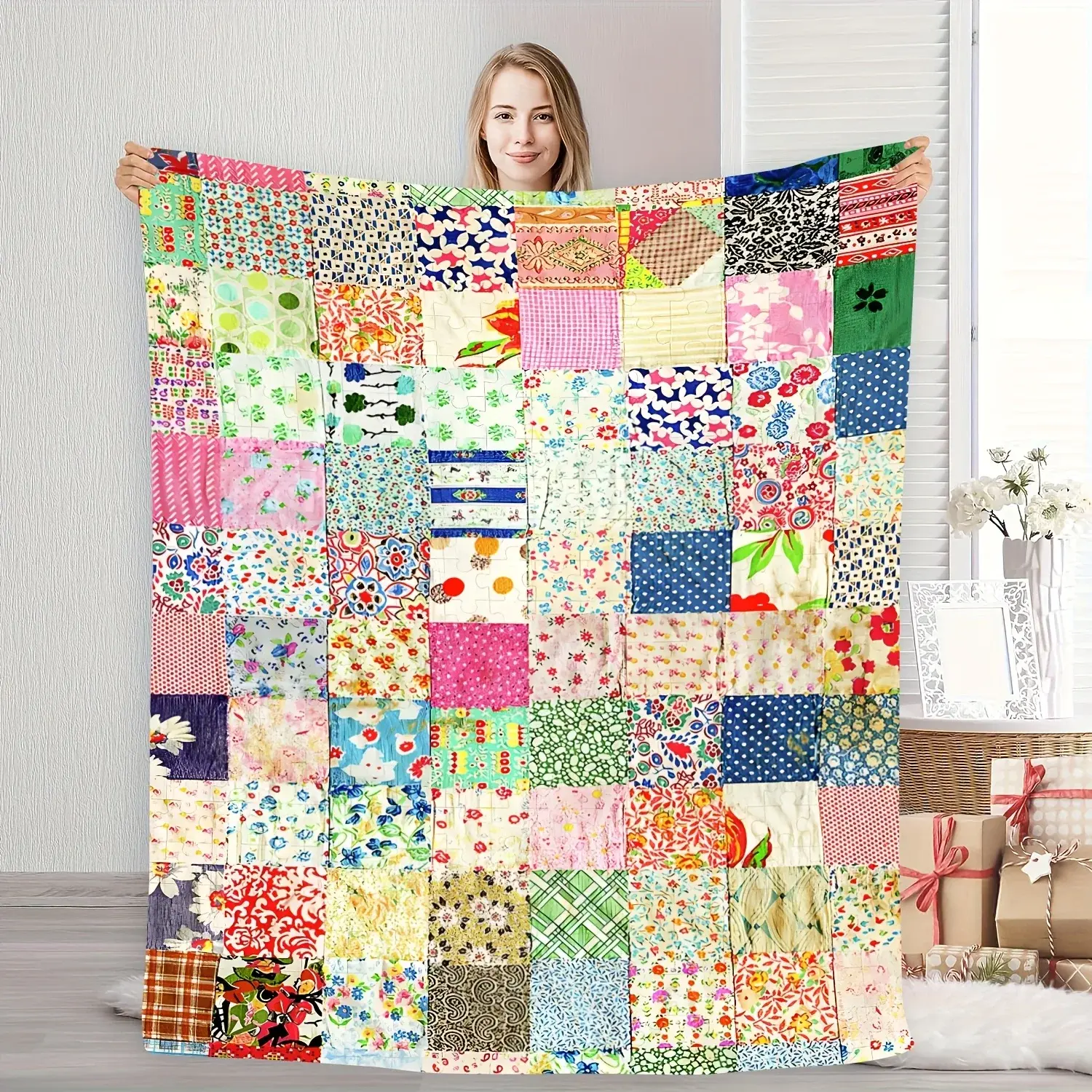 1PC Vintage Floral Patchwork Printed Flannel Soft Throws Blanket - 1-Piece Cozy Aesthetic Flower Blanket, Bright Floral Bedding, Warm, Decorative, All-Season Use, Flower Blankets